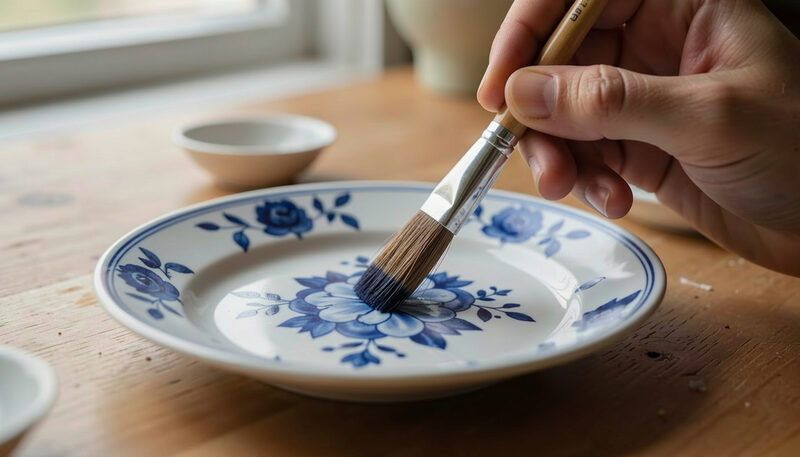 Feiner Pinsel retuschiert blaues Blumenmuster auf einer Porzellanuntertasse