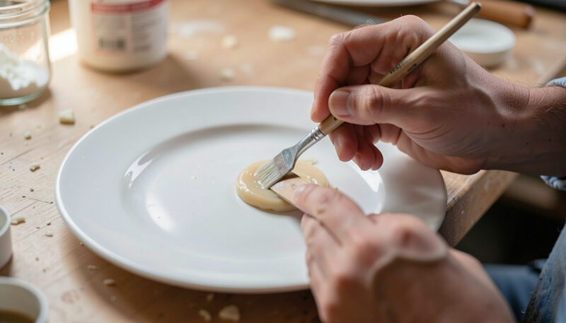 Restaurator formt mit kleinem Spatel helle Ergaenzungsmasse am Rand eines weissen Tellers