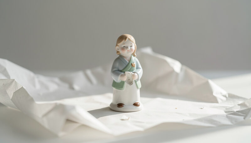 Kleine Porzellanfigur mit sichtbarem Bruch auf Seidenpapier im hellen Atelier