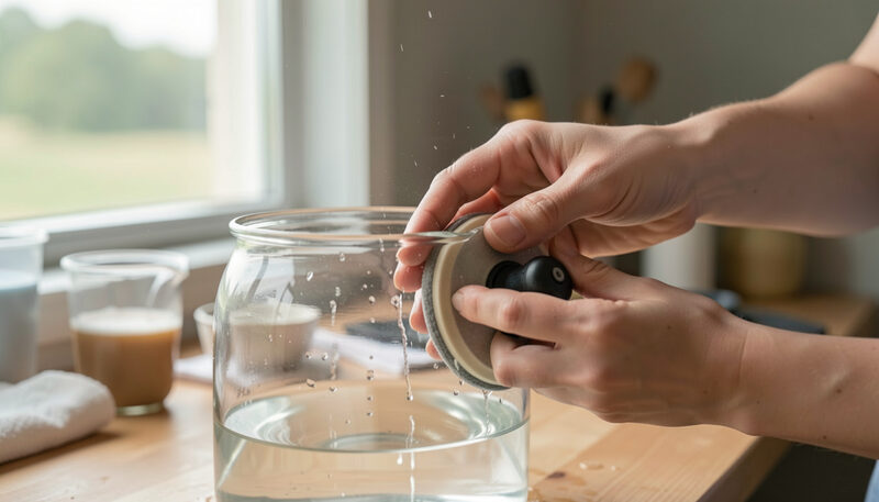 Haende polieren mit Wasser und rotierender Scheibe den Rand eines klaren Glasgefaesses