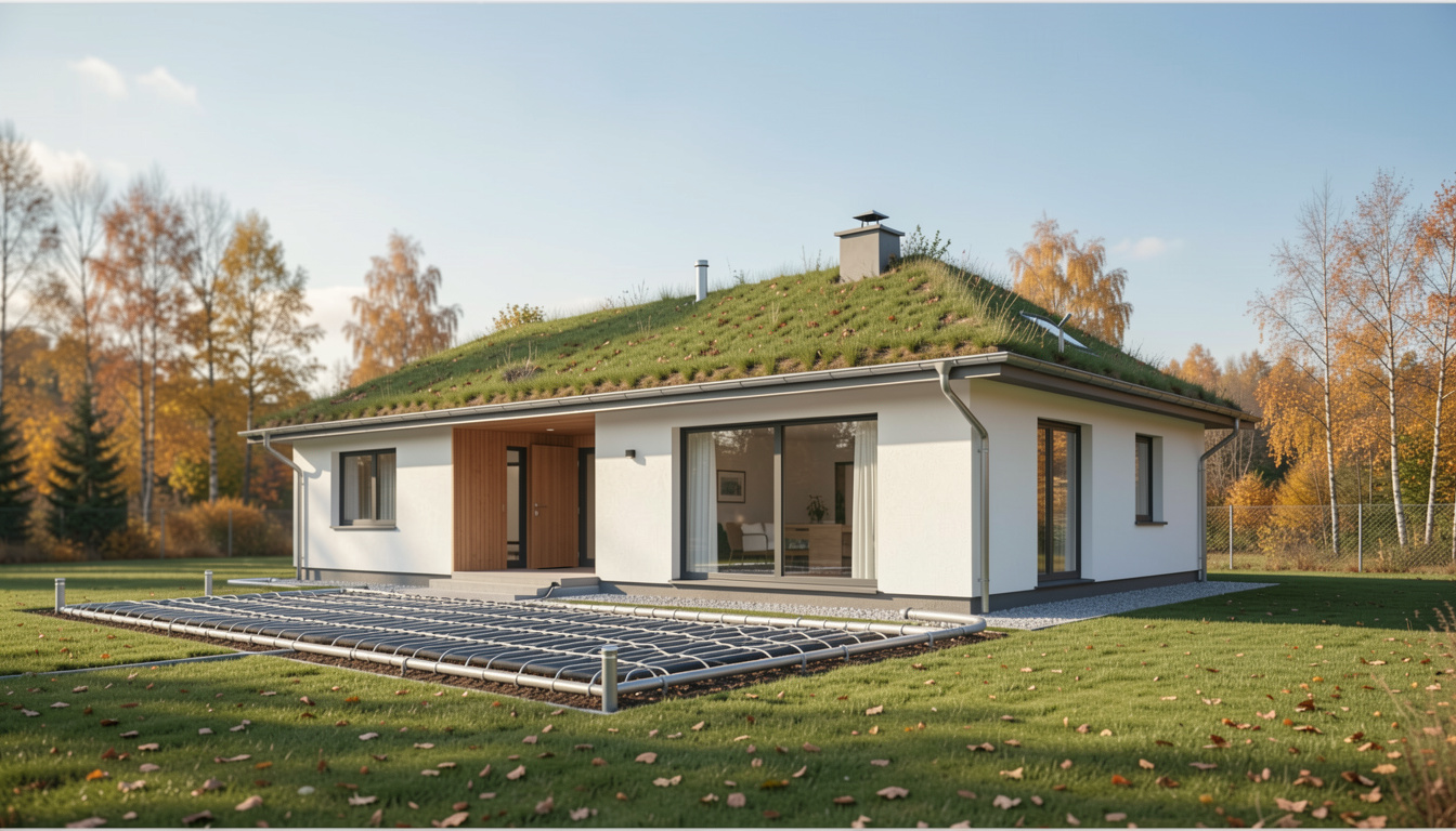 Ein modernes Einfamilienhaus mit begrüntem Dach und Erdwärmetauscher im Vordergrund, aufgenommen an einem klaren Herbsttag mit weichem Sonnenlicht, Weitwinkelaufnahme.