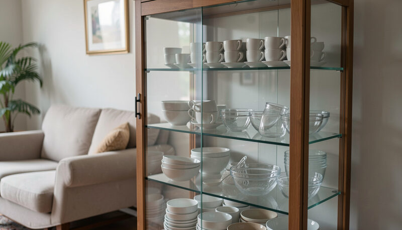 Glasvitrine mit Porzellantassen und Glasschalen im ruhigen Wohnraum